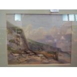 Watercolour, North Norfolk coast, of a figure sitting on a cart below coastal cliffs bedside the