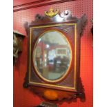 A mahogany pier mirror, painted gilt Regency style motif and inlay, 83cm x 58cm total