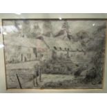 A pen and ink drawing of cottages with stream to foreground. Indistinctly signed lower right,