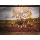 JOHN MUNNINGS (1916 - 1987): "Ploughing Kale Land, Bush Grove Farm, Loddon, 1976" oil on canvas,