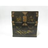 An antique Japanese Chinoiserie lacquered mini cabinet of drawers a/f, 24cm x 23cm x 11cm