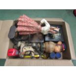 A box of assorted items including papier mache lady, Eastern cloth horse, lacquered boxes and