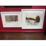 TREVOR OSBOURNE: Two watercolours, one depicting a cottage, 24cm x 29cm, the other winter trees,