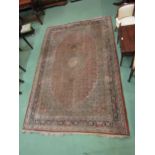 A red and blue ground rug with classical design, a/f, 303cm x 201cm, torn and stained