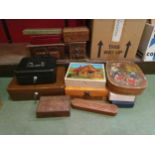 A mixed box, carved wooden boxes, jewellery boxes, cutlery including silver handled example, walking