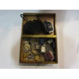 A wooden box of bijouterie , abalone shell box, jewellery, vintage tins etc