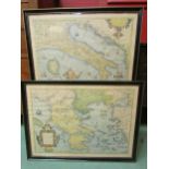 Two coloured map prints depicting mainland Greece and Islands and Italy, framed and glazed, both