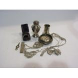 A silver pepperette, thimble, scent bottle stand, silver cased, pocket watch and silver jewellery