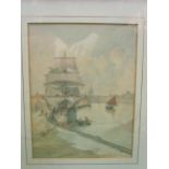 KENNETH LUCK: A watercolour of a dock scene, signed lower right, framed and glazed, 27.5cm x 21.5cm