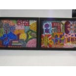 Two originals acrylics on canvas, abstract patterns, 21.5cm x 59.5cm, framed