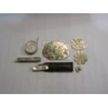 A silver folding pen knife with mother of pearl handle. A selection of mother of pearl items and a