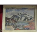 An oil on canvas of a lake and mountain scene, Believed to be by Lie Gjemre 1900-1993 (Norway).