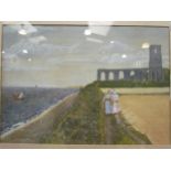 A naïve oil of a Suffolk coastal scene, framed and glazed, 34cm x 60cm image size