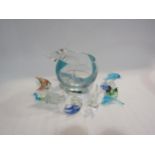An Art Glass bowl, glass dolphins, fish, sheep etc