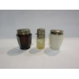 Two oatine opaque pots with silver lids and silver lidded scent bottle (3)