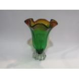 A late 20th Century art glass vase, green with amber waved rim, base in clear, 28.5cm high