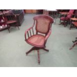 A circa 1900 oak and mahogany cane seat and backrest revolving office chair with walnut decoration