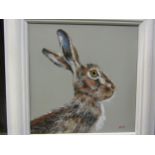 RYAN: Acrylic on board depicting side profile of a hare, signed lower right, 30cm x 29cm