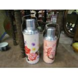 A vintage Jinjipai Japanese thermos flask and a vintage deer brand thermos flask with Asian cherry