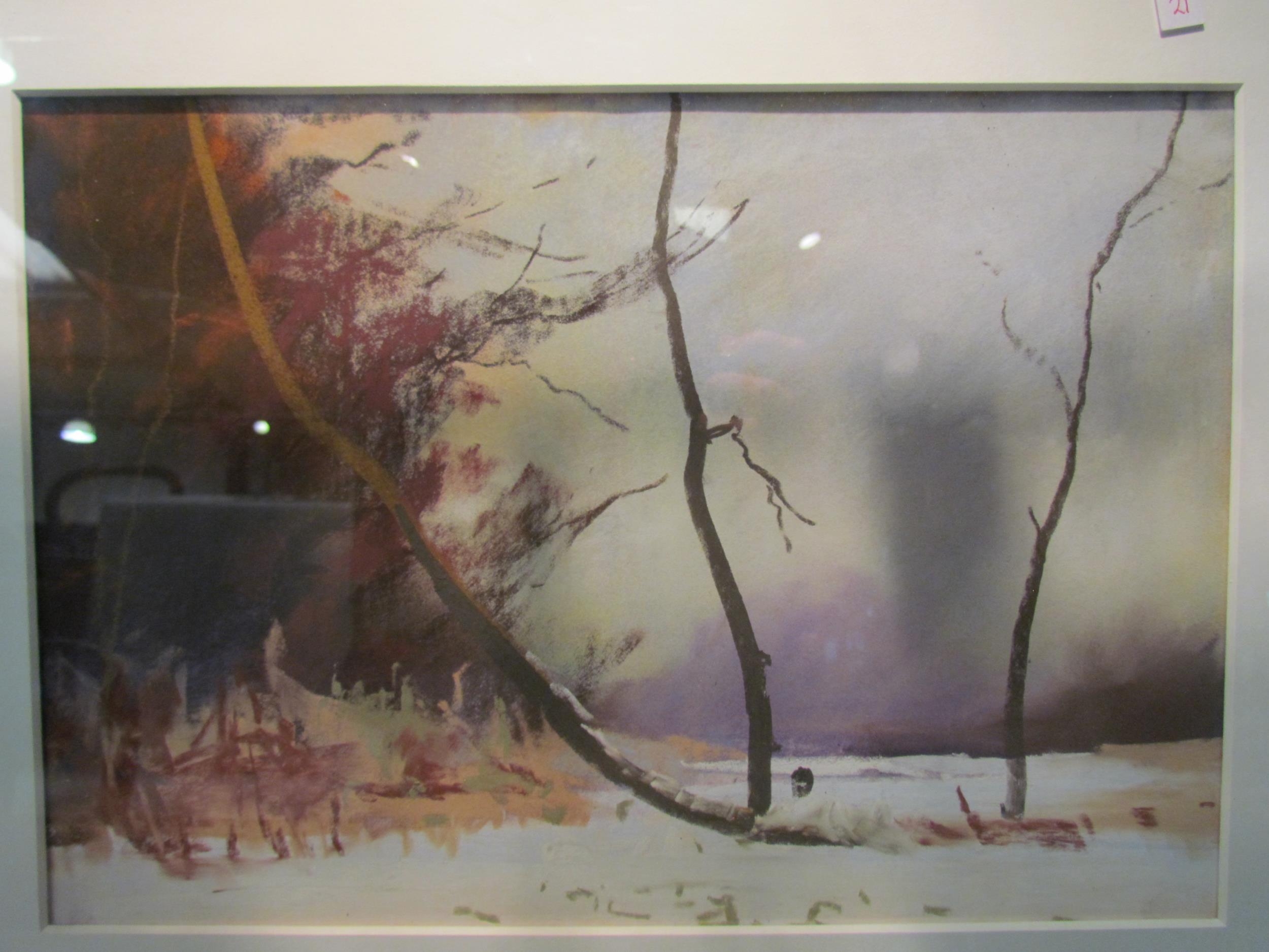 TREVOR OSBOURNE: A pastel on paper depicting a winter landscape, 225.5cm x 30cm framed and glazed