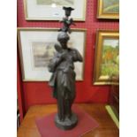 A spelter figural candle holder of a maiden in Grecian dress with mirror, 56cm tall