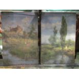 Two oils on canvas depicting rural river scenes in summr with a terrace of houses, trees and