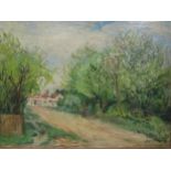 Oil on canvas depicting a dwelling with trees, pathway and figure walking, signed indistinctly lower