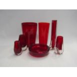 Seven pieces of mostly Whitefriars red coloured glass vases and bowl