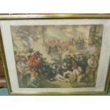 A Victorian coloured print depicting "The Death of Nelson", framed and glazed, 42cm x 54cm image