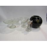 A selection of 1930's glassware including a black bulbous form vase with hand painted applied