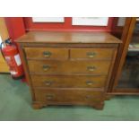 A 19th Century oak two over three chest of drawers on bracket feet, handle missing, 88cm high x 88cm