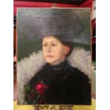 An oil on canvas depicting a Victorian/Edwardian portrait of a lady in black with dignified mournful