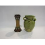 A Doulton Art Noveau style vase with silver collar and a green vase with three swirl decoration (2)
