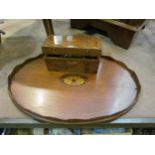 An Edwardian inlaid mahogany oval tray with brass and wavy edge handles (a/f). A Victorian walnut