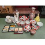 Two boxes of mixed ceramics, Chinese famille rose vase, Oriental tea set, etc