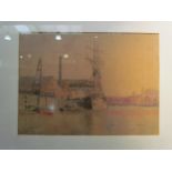 ROWLAND FISHER: A watercolour of a sailing barge at Great Yarmouth, framed and glazed, 26cm x 36cm
