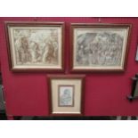 Three framed and glazed drawings including religious scenes and bust