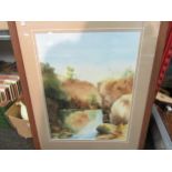 Four paintings including a Wendy Beck watercolour of a river gorge, gilt framed tourist paintings of