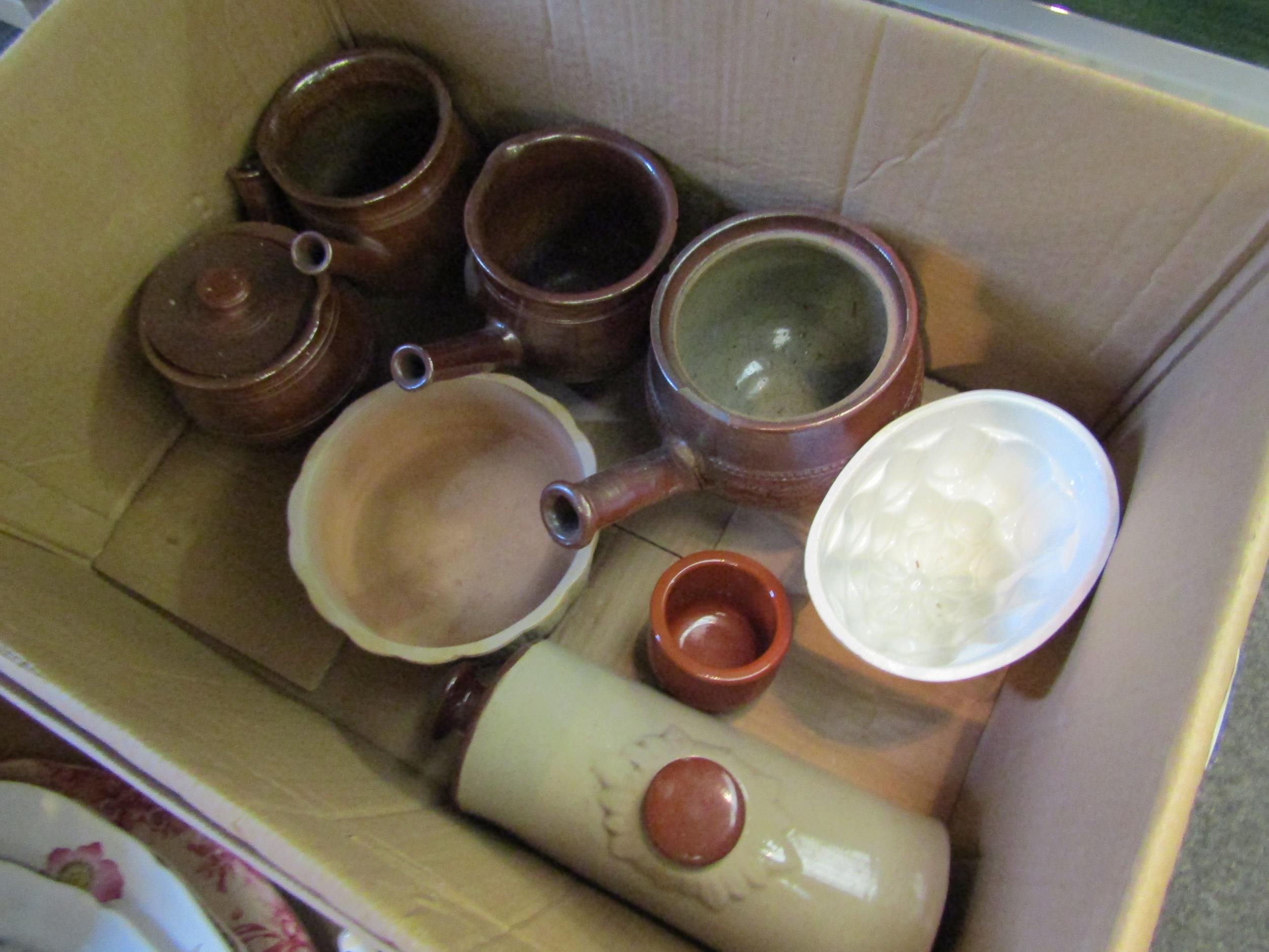 Two boxes of china and stoneware including cow milk jugs, jelly mould, teapot etc - Image 2 of 2