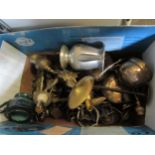 A box of mixed brass including cranes, wall sconces etc