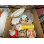 Two boxes of mixed including china plates, biscuit barrels and trays