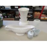 Five items of pottery, white glazed Sylvac vase, Arthur Wood trough, Kaiser porcelain vase and two