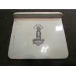 A set of blue painted shop scales by Day and Millward, with white ceramic plate a/f