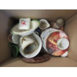 Three boxes of Victorian china, tea cosies, animal figures etc