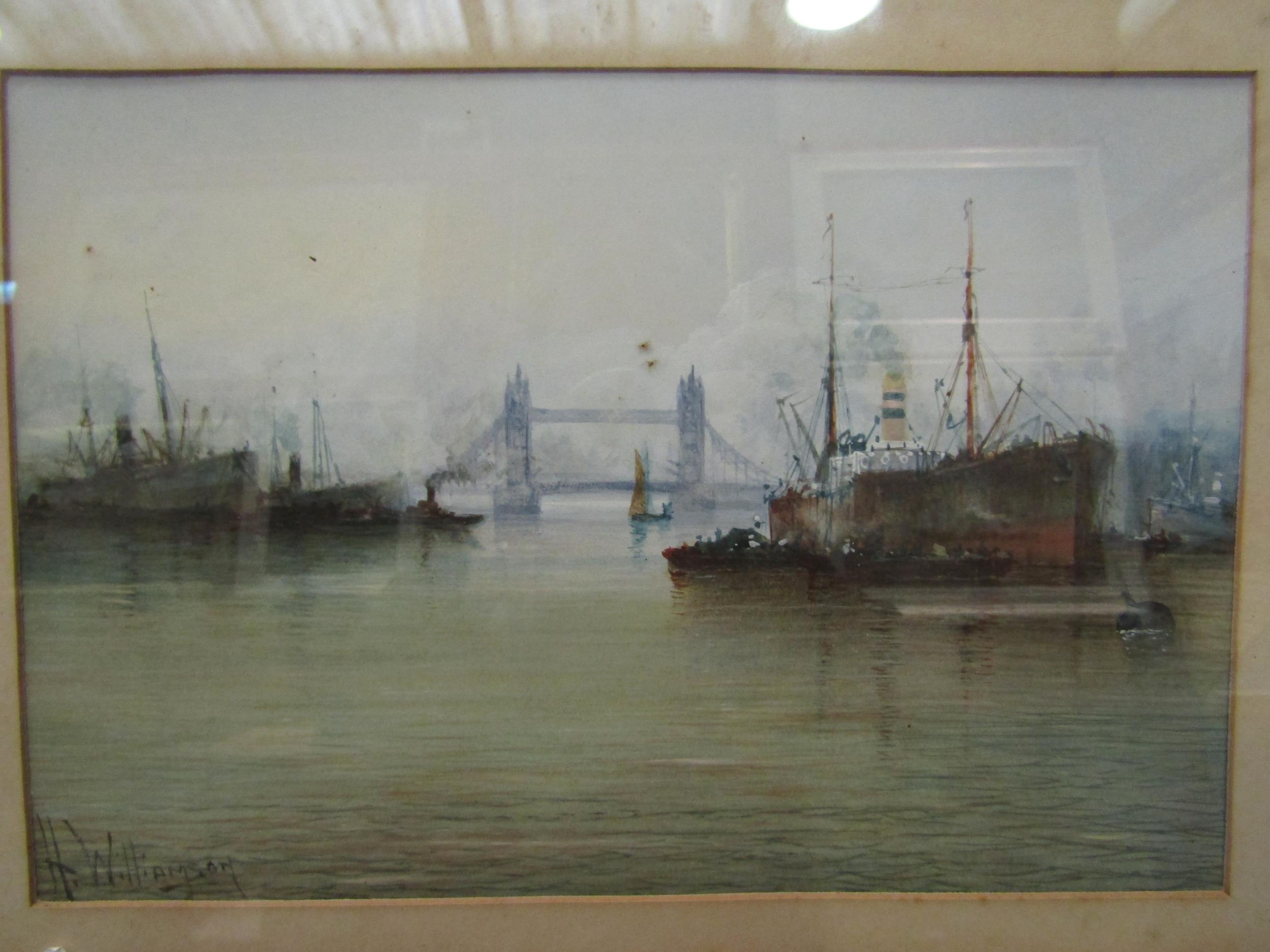H. WILLIAMSON: Watercolour depicting working vessals on The Thames with London Bridge in the