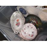 Two boxes of china including cake plates, Wedgwood Santa cake plate, chicken crock etc