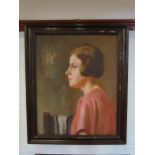 A 1930's oil on canvas depicting a portrait of a young woman with college scarf to background,