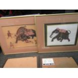 Four Asian paintings on fabric including elephant with figures and garden scene with deity and