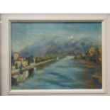 CAROLINE YEATS BROWN (XX): An oil of Italian riverscape, naive style, mountains to background,