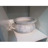 A blue and white transfer ware chamber pot together with lustre ware tea cups and saucers, etc
